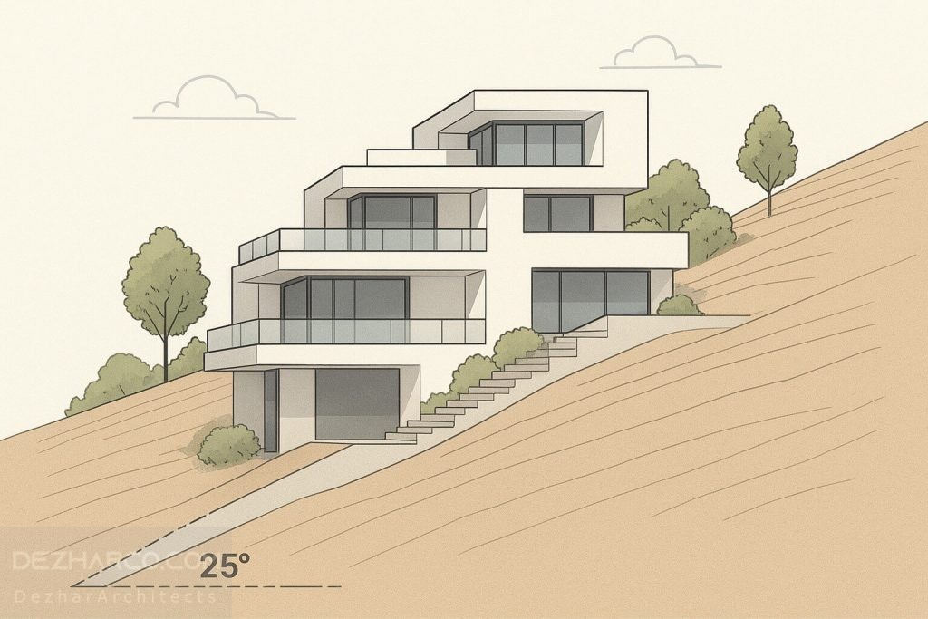 طراحی ویلا در سطح شیبدار با زاویه زمین ۲۵ درجه