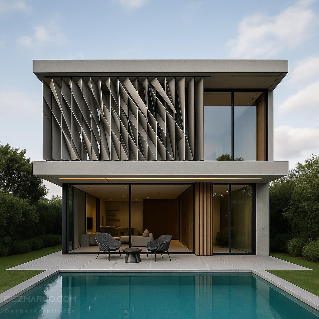 نمای ویلای مدرن با پنلهای متحرک سایهانداز.