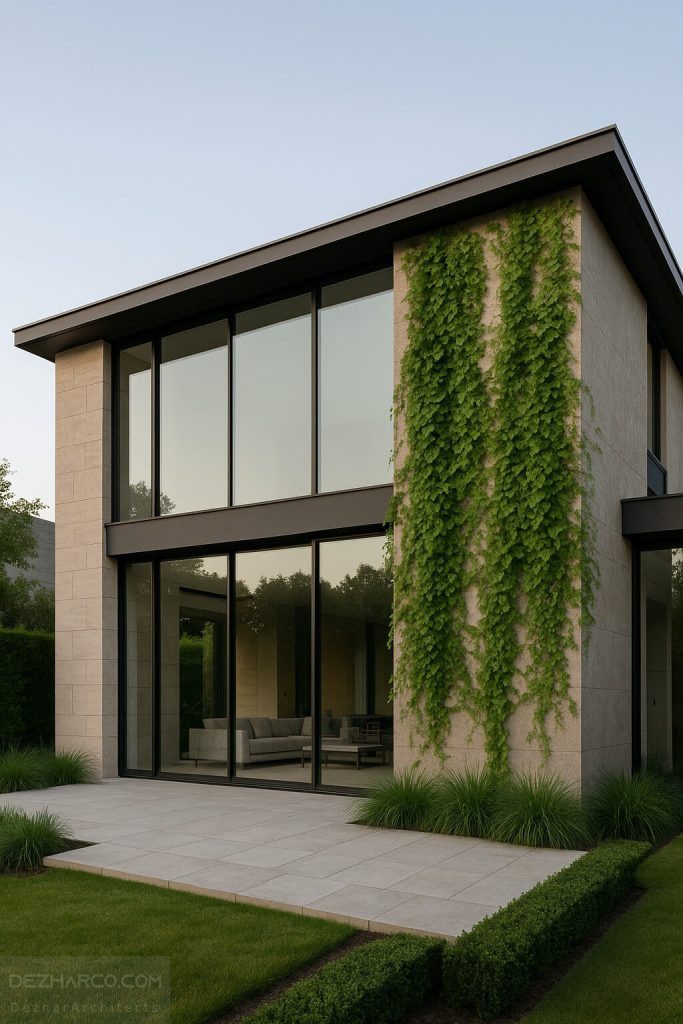 نمای ویلای مدرن با گیاهان رونده روی دیوار