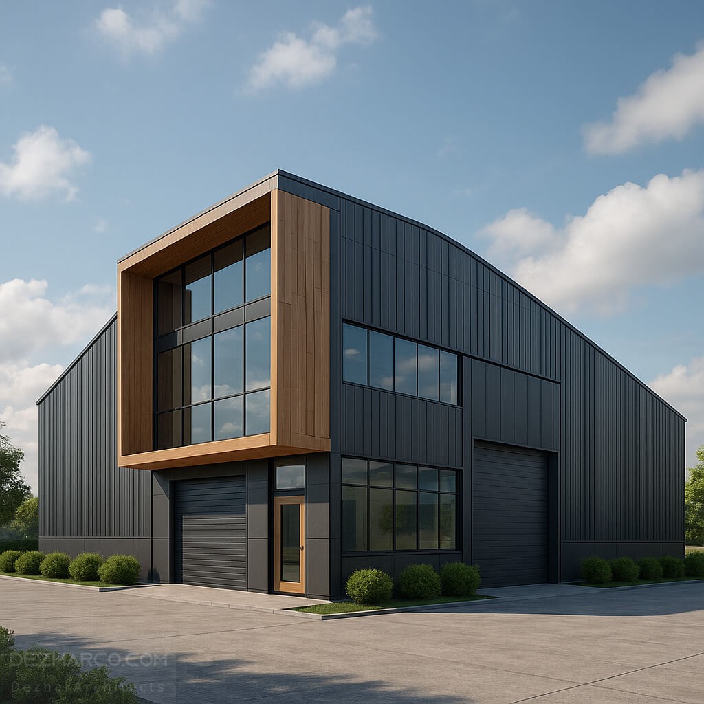 رندر واقعگرایانه از سوله صنعتی مدرن با طراحی خاص و فرم متفاوت، ترکیب متریال فلز سرمهای، شیشه و چوب طبیعی در نمای ورودی، با سقف منحنی و جزئیات معماری مدرن.