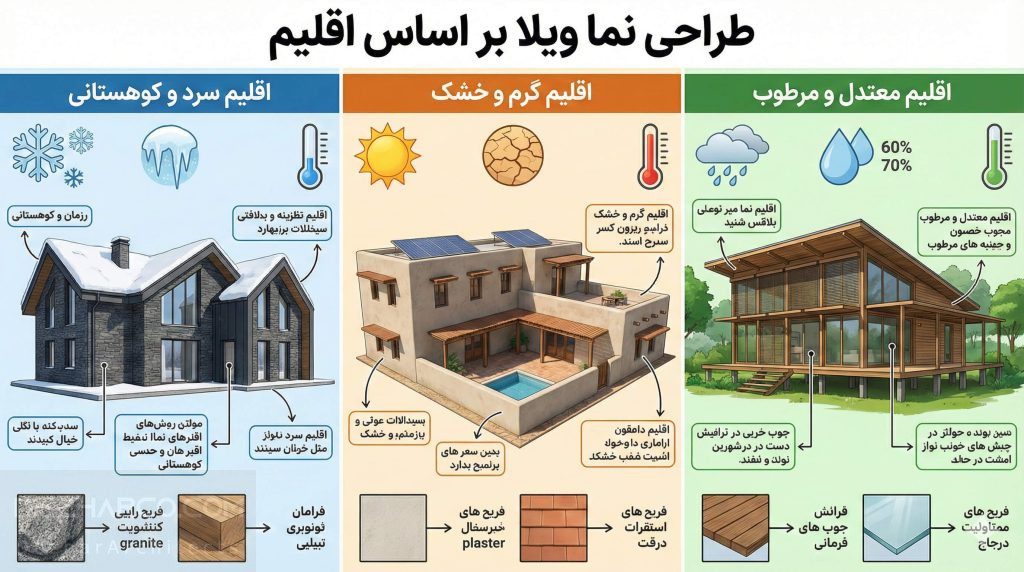 اینفوگرافیک جامع با عنوان "طراحی نما ویلا بر اساس اقلیم" که اصول معماری و مصالح مناسب برای سه اقلیم متفاوت را مقایسه میکند. تصویر به سه پنل عمودی تقسیم شده است: سمت چپ (آبی) برای "اقلیم سرد و کوهستانی" با ویلای سنگی و سقف شیبدار برفی؛ وسط (نارنجی) برای "اقلیم گرم و خشک" با ویلای خشتی روشن، حیاط مرکزی و سایهبان؛ و سمت راست (سبز) برای "اقلیم معتدل و مرطوب" با ویلای چوبی مرتفع و پنجرههای بزرگ برای تهویه. در پایین هر بخش، نمونه مصالح و تکنیکهای اجرایی مناسب آن اقلیم با فلش و متن توضیح داده شده است.