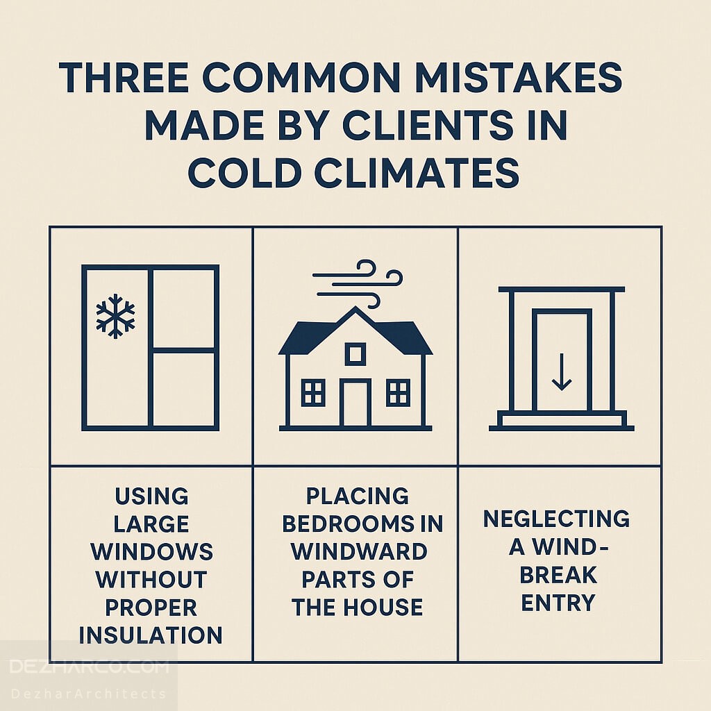 اینفوگرافی سه اشتباه رایج کارفرما در طراحی ویلا در اقلیم سرد شامل پنجره بزرگ بدون عایق، جانمایی اشتباه اتاق خواب و ورودی بدون بادشکن