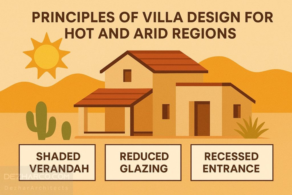 اینفوگرافی سهبعدی اصول طراحی ویلا در اقلیم گرم و خشک با نمایش سایهبان، کاهش بازشوها و ورودی فرورفته