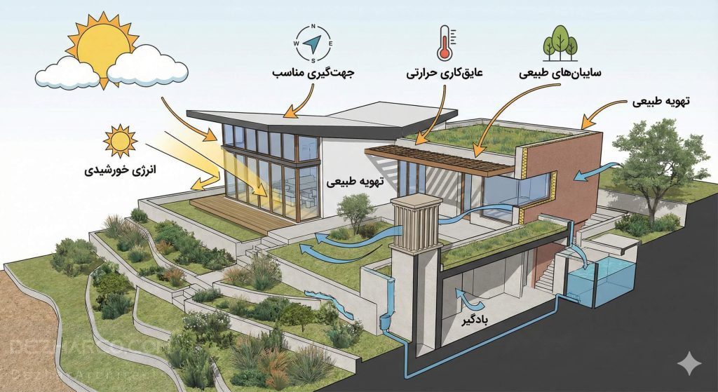اینفوگرافی سهبعدی اصول معماری اقلیمی ویلا شامل تهویه طبیعی، پوشش گیاهی، پنل خورشیدی و سایهسازها