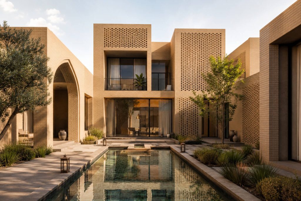 معماری ویلای مدرن ایرانی با الهام از الگوی حیاط مرکزی، آجرکاری مشبک پارامتریک و حوض آب مدرن